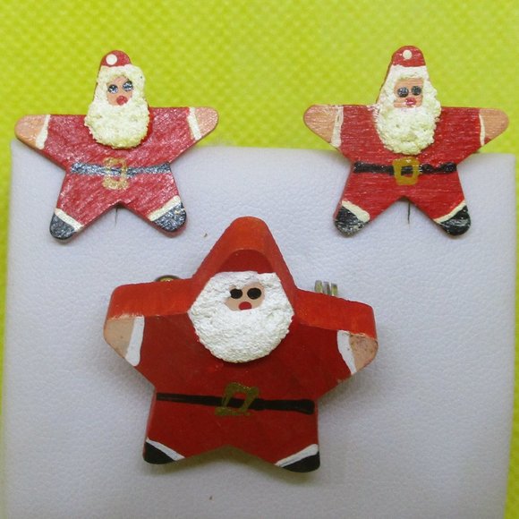 Handcrafted Wood Santa Clause Earrings & Santa Clause Brooch Set Handmade Painte - Picture 1 of 8